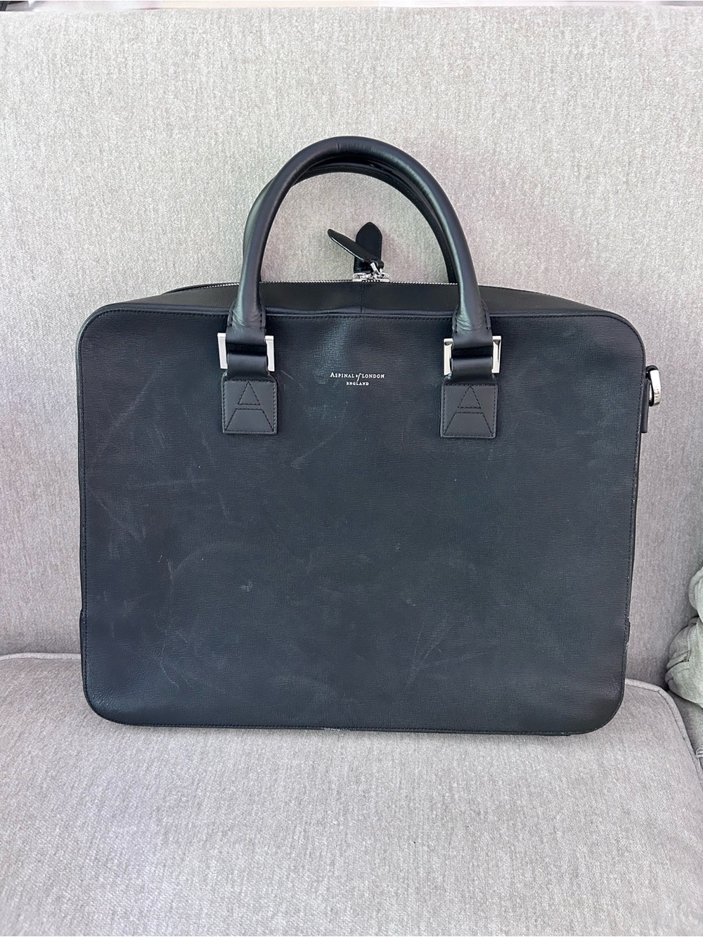 Aspinal of London black leather laptop briefcase travel bag - discontinued